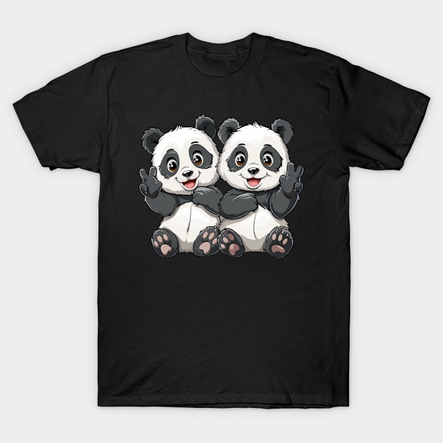 Cute Pandas Forming Peace Sign - Panda Bear Japanese T-Shirt by Anassein.os